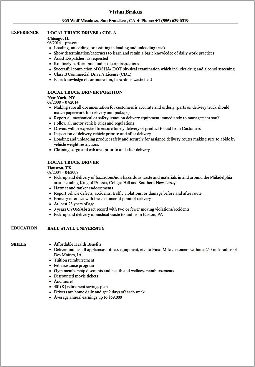 Sample Resume For Cdl Class B Driver