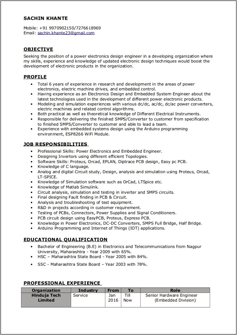 Sample Resume For Embedded Hardware Engineer Experienced