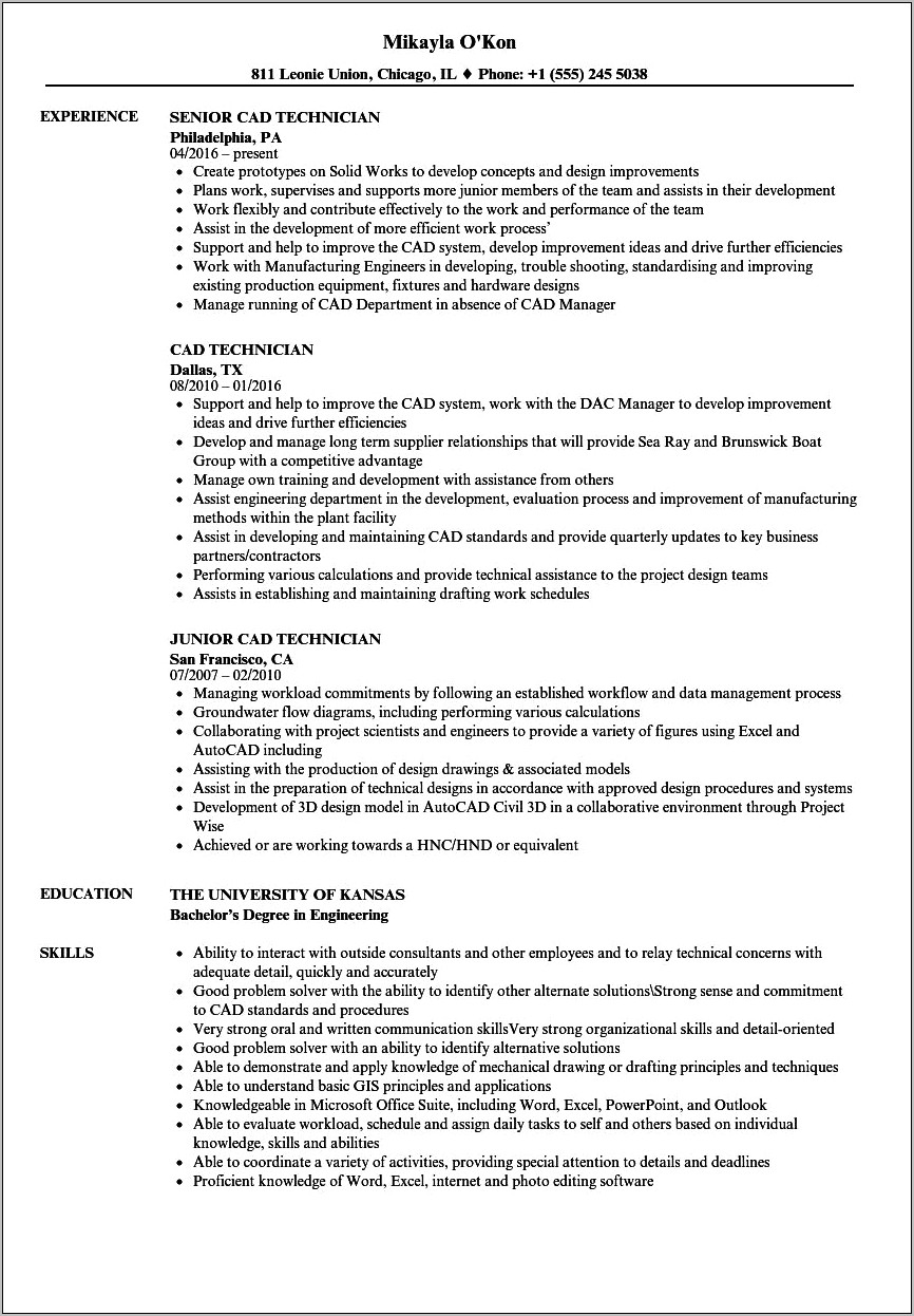 Sample Resume For Entry Level Cad Operator