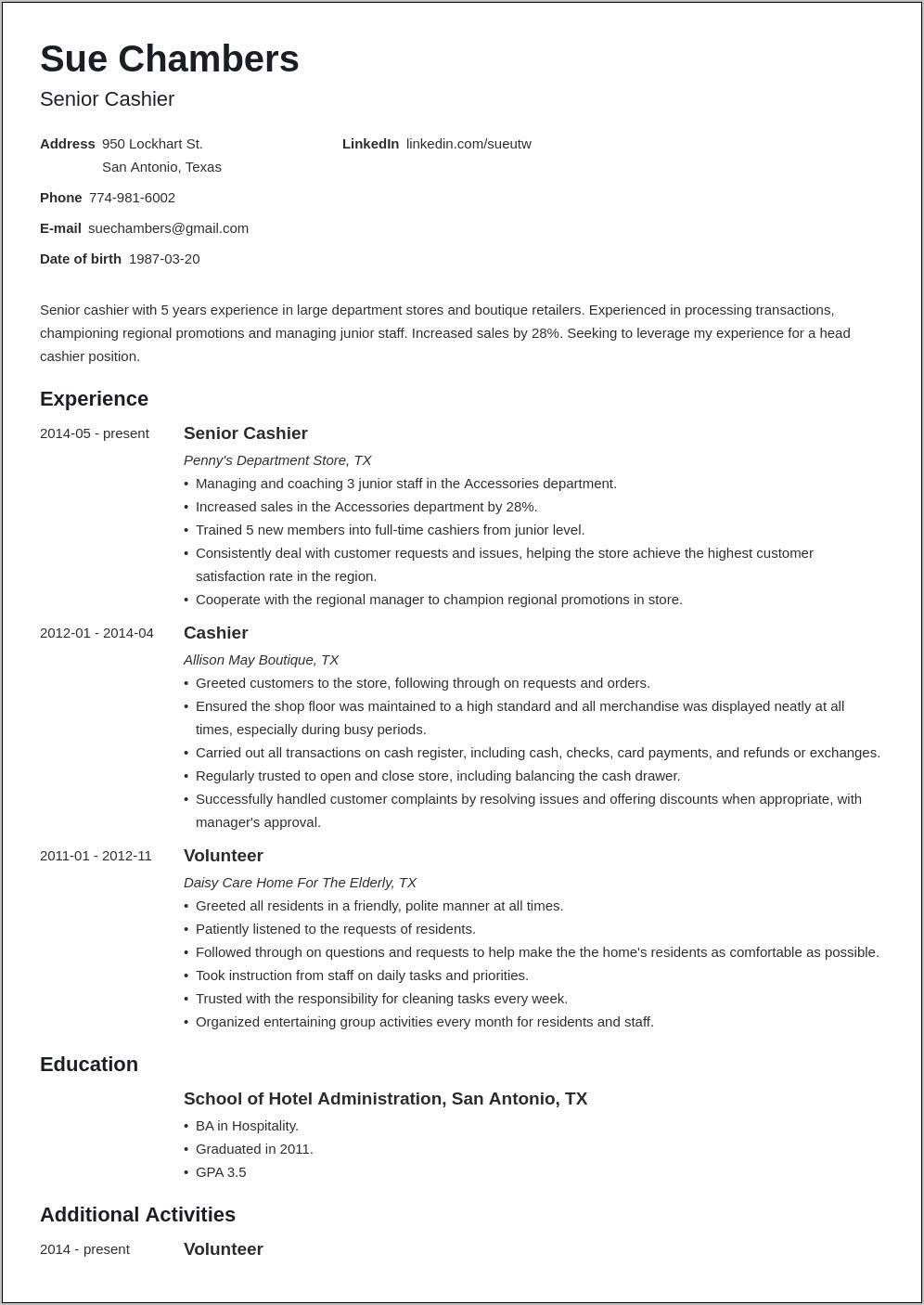 Sample Resume For Entry Level Cashier