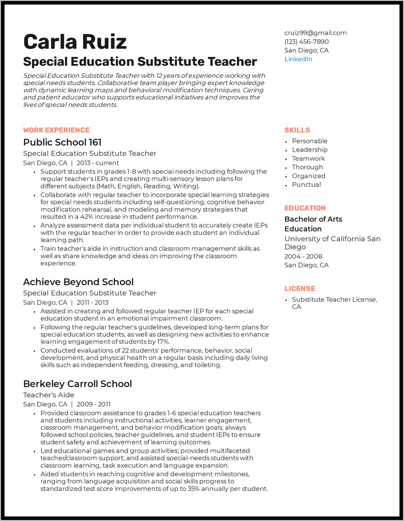 Sample Resume For Entry Level Substitute Teacher