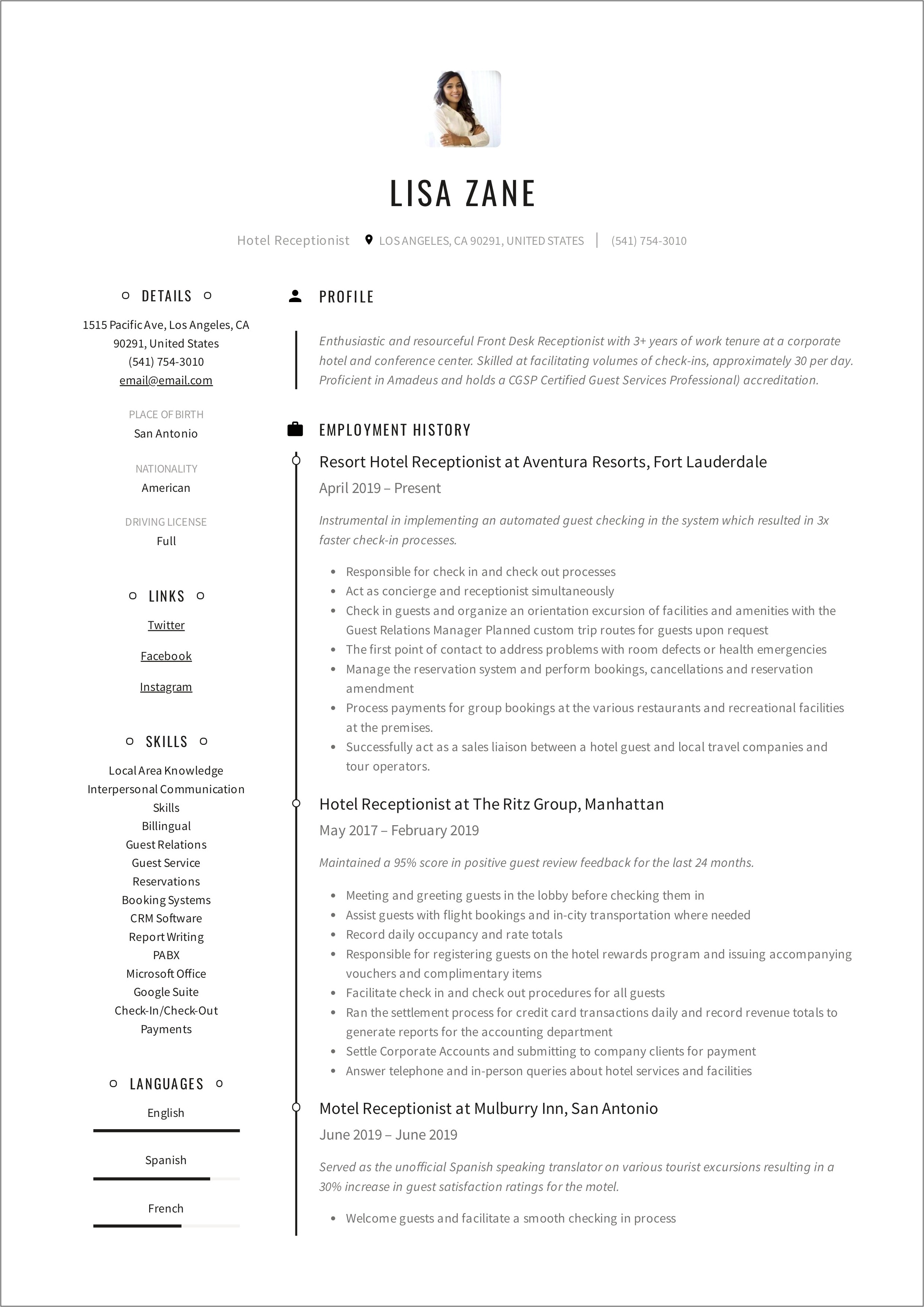 Sample Resume For Front Office Receptionist In India