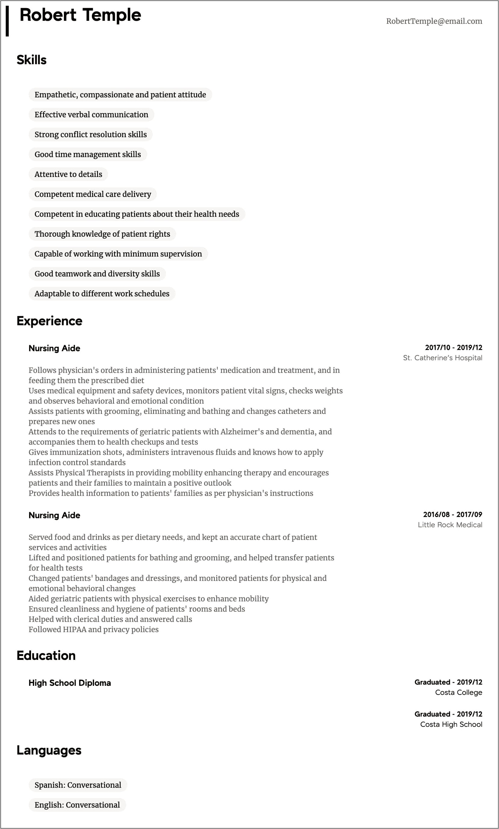 Sample Resume For Health Care Aide In Canada