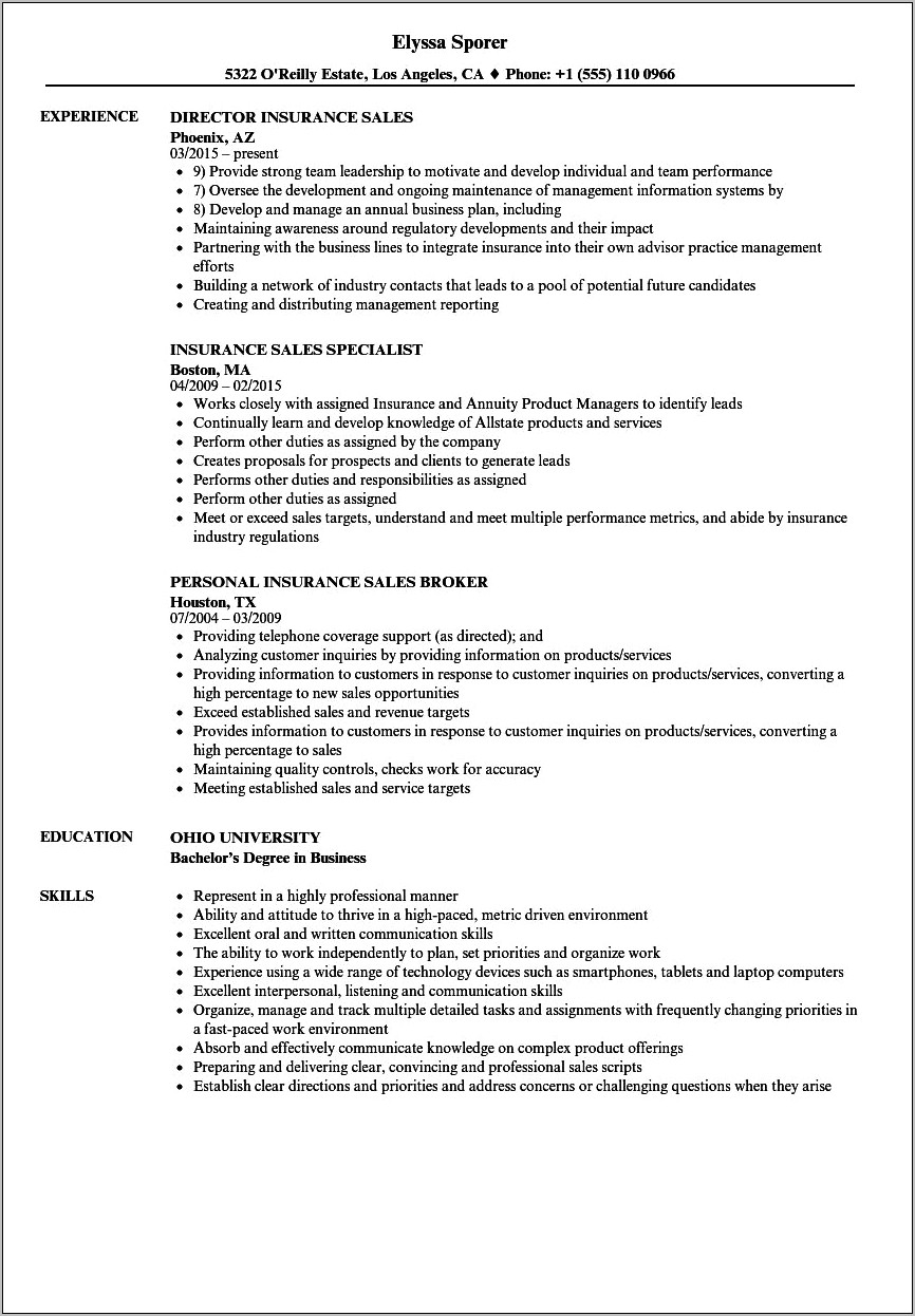 Sample Resume For Insurance Sales Executive