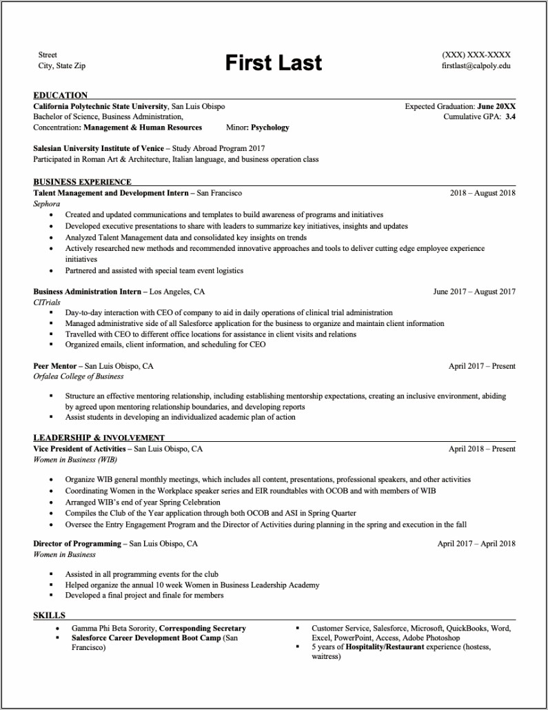 sample college student resume for internship
