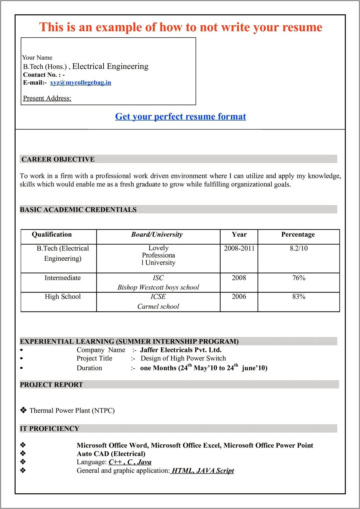 Sample Resume For It Professional Freshers