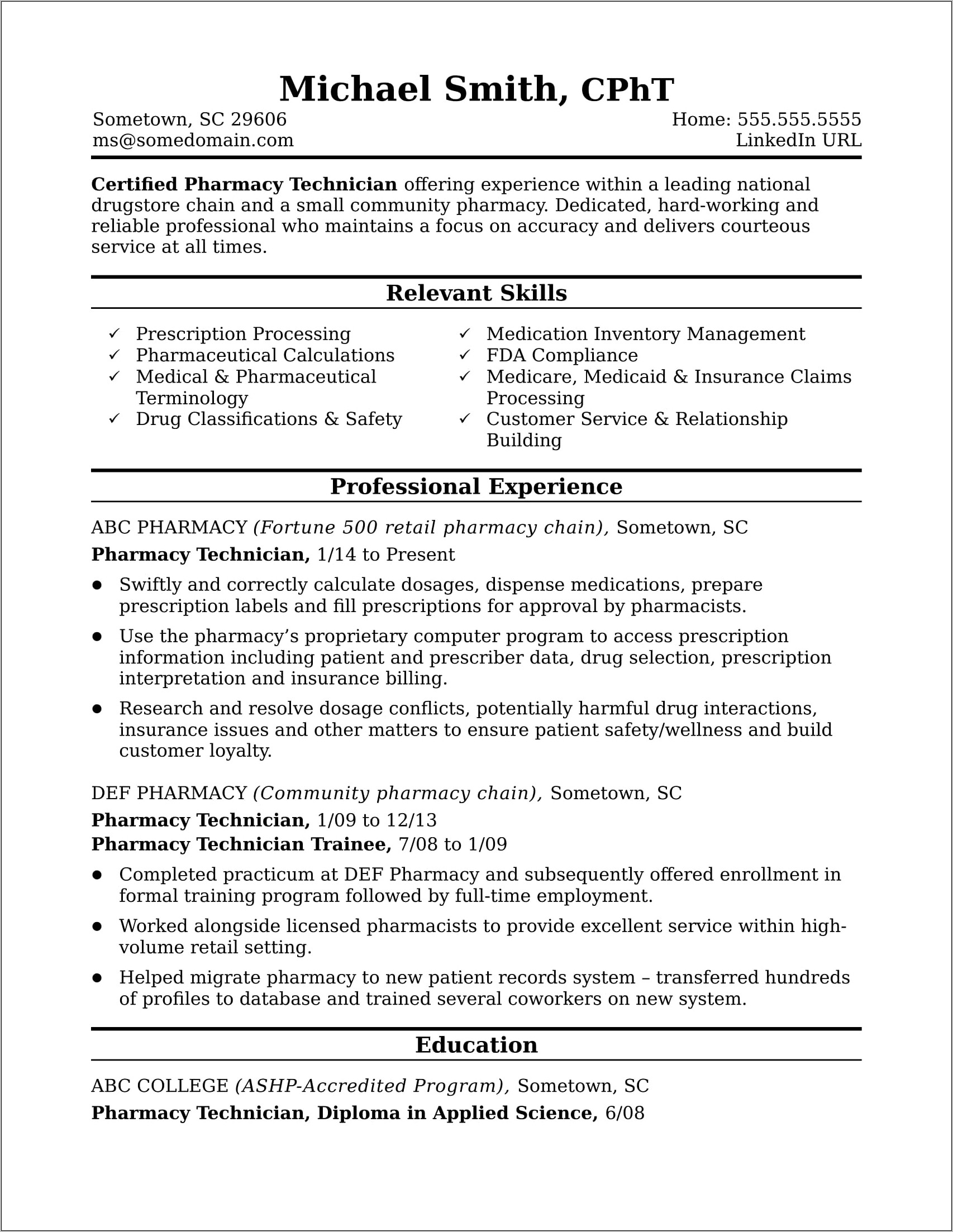 Sample Resume For Pharmacy Technician In Canada