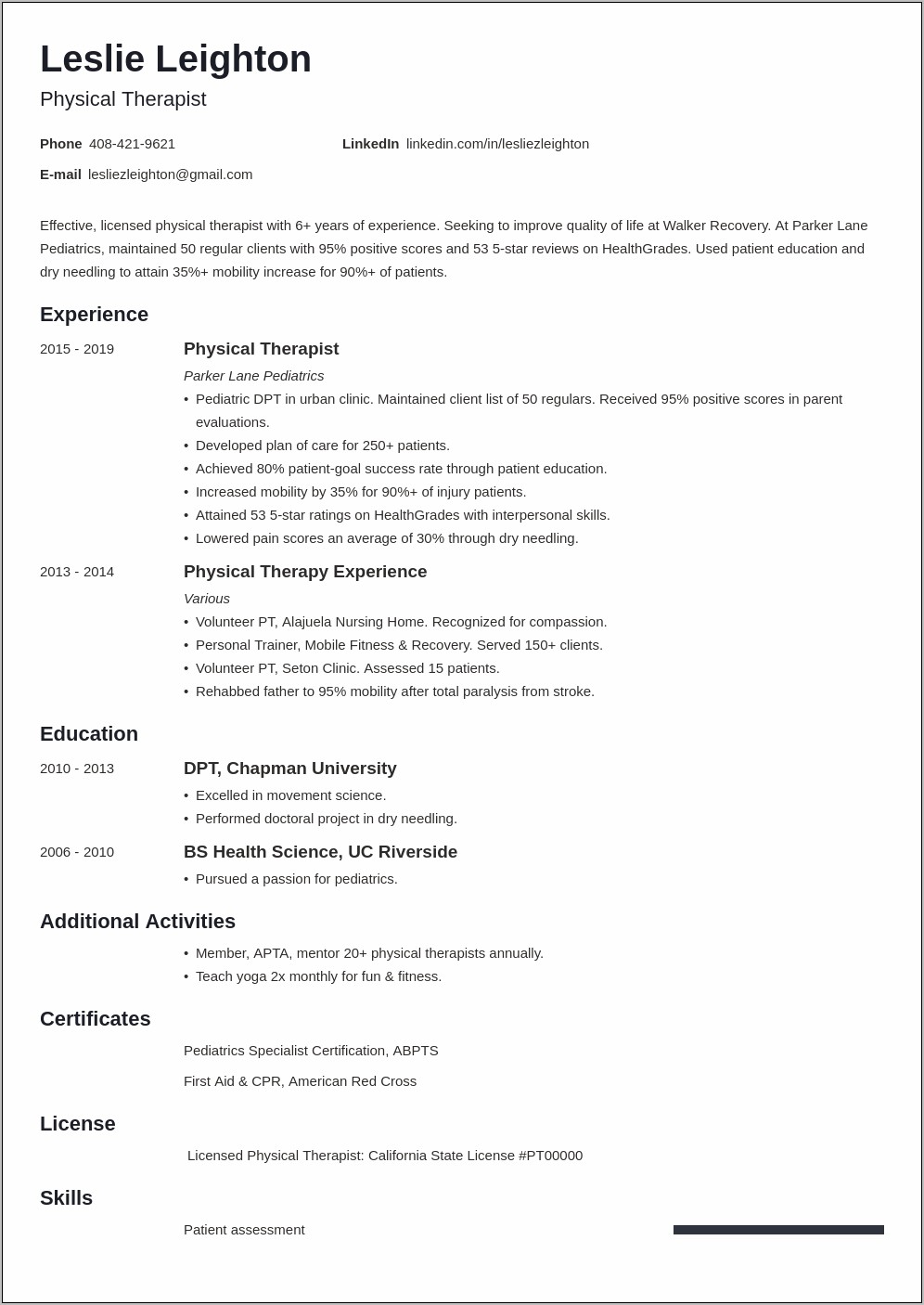 Sample Resume For Physical Therapy Students