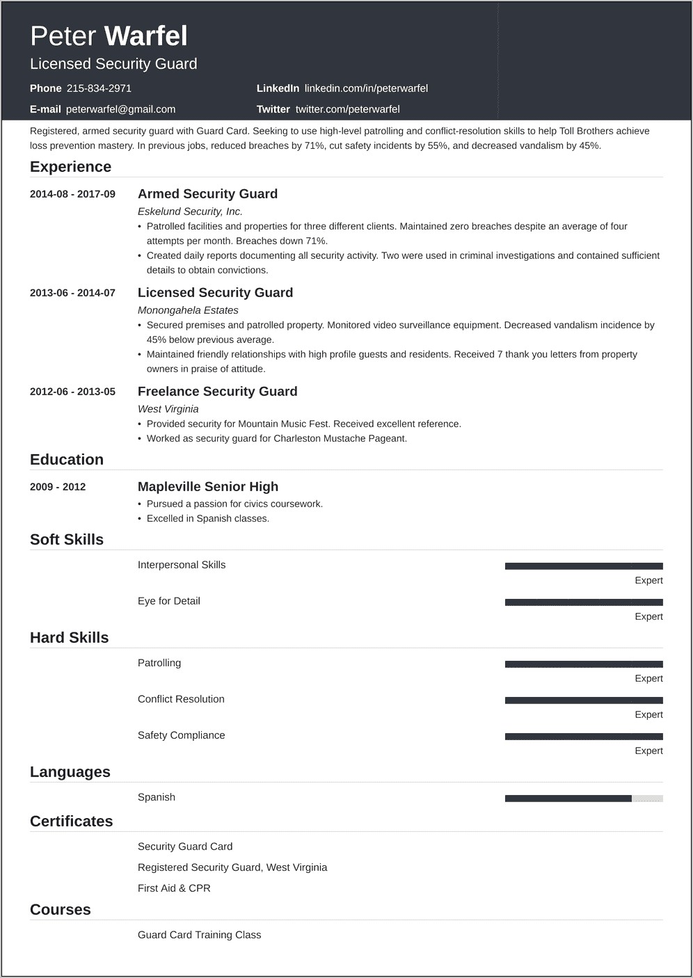 Sample Resume For School Security Guard