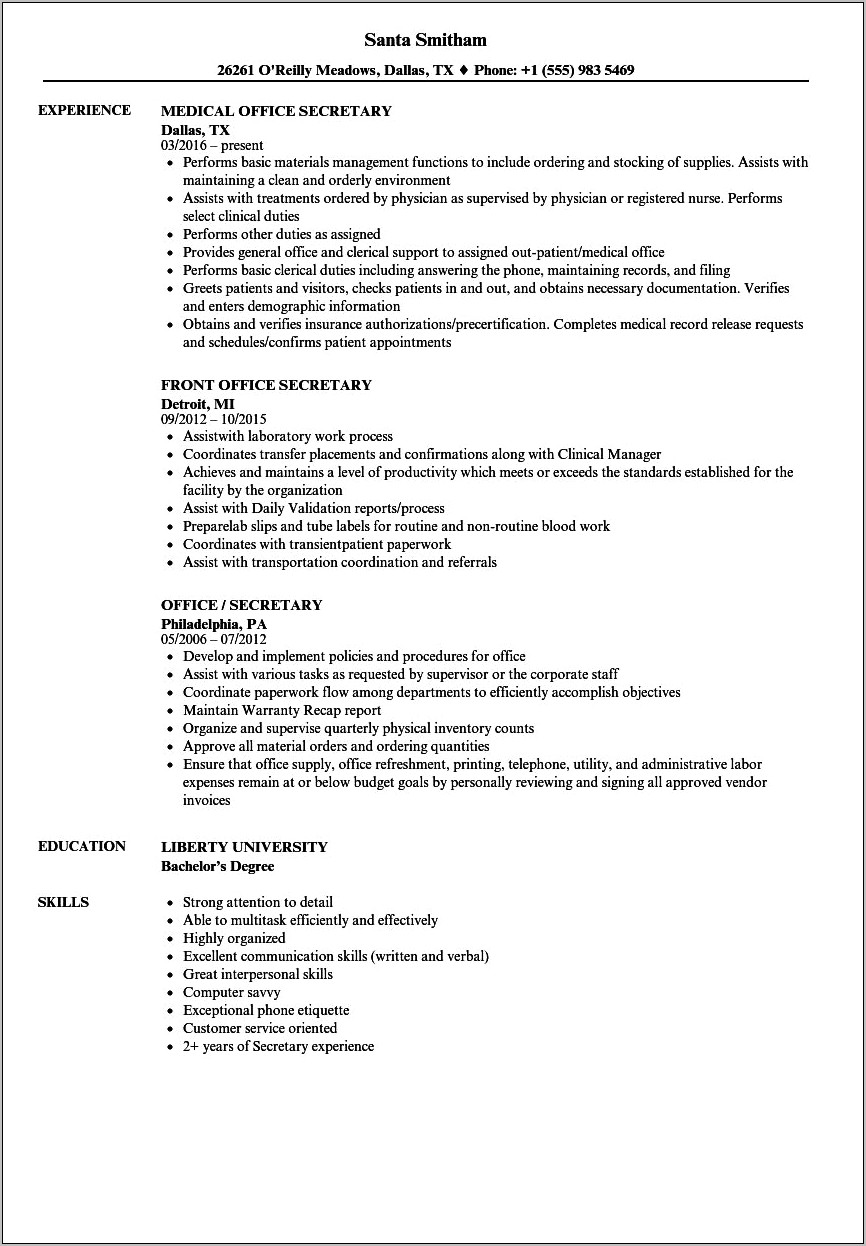 sample resume for secretary with no experience
