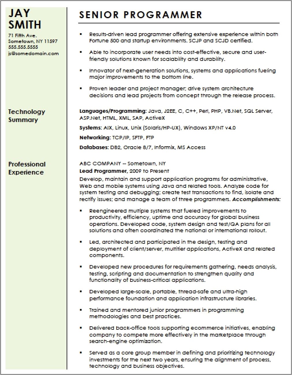 Sample Resume For Someone In Computer Progamming