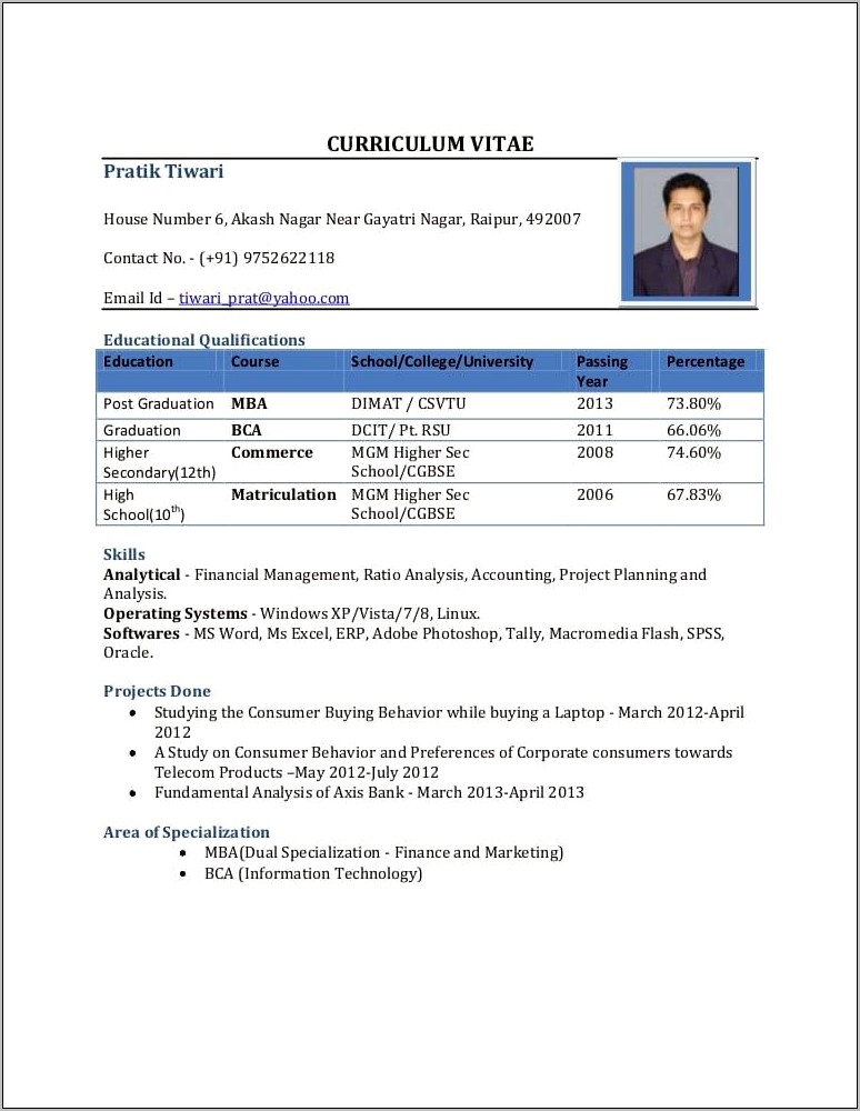 Sample Resume Format For Freshers Bcom