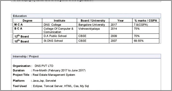 Sample Resume Format For Mca Fresher