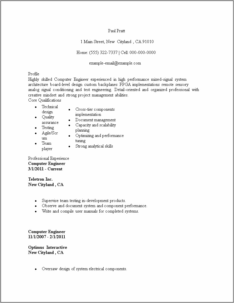 Sample Resume Format For Test Engineer