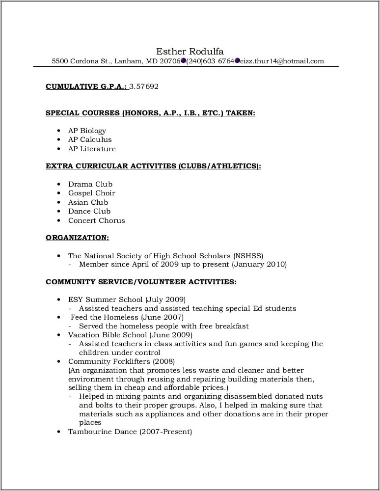 Sample Resume Format High School Teacher