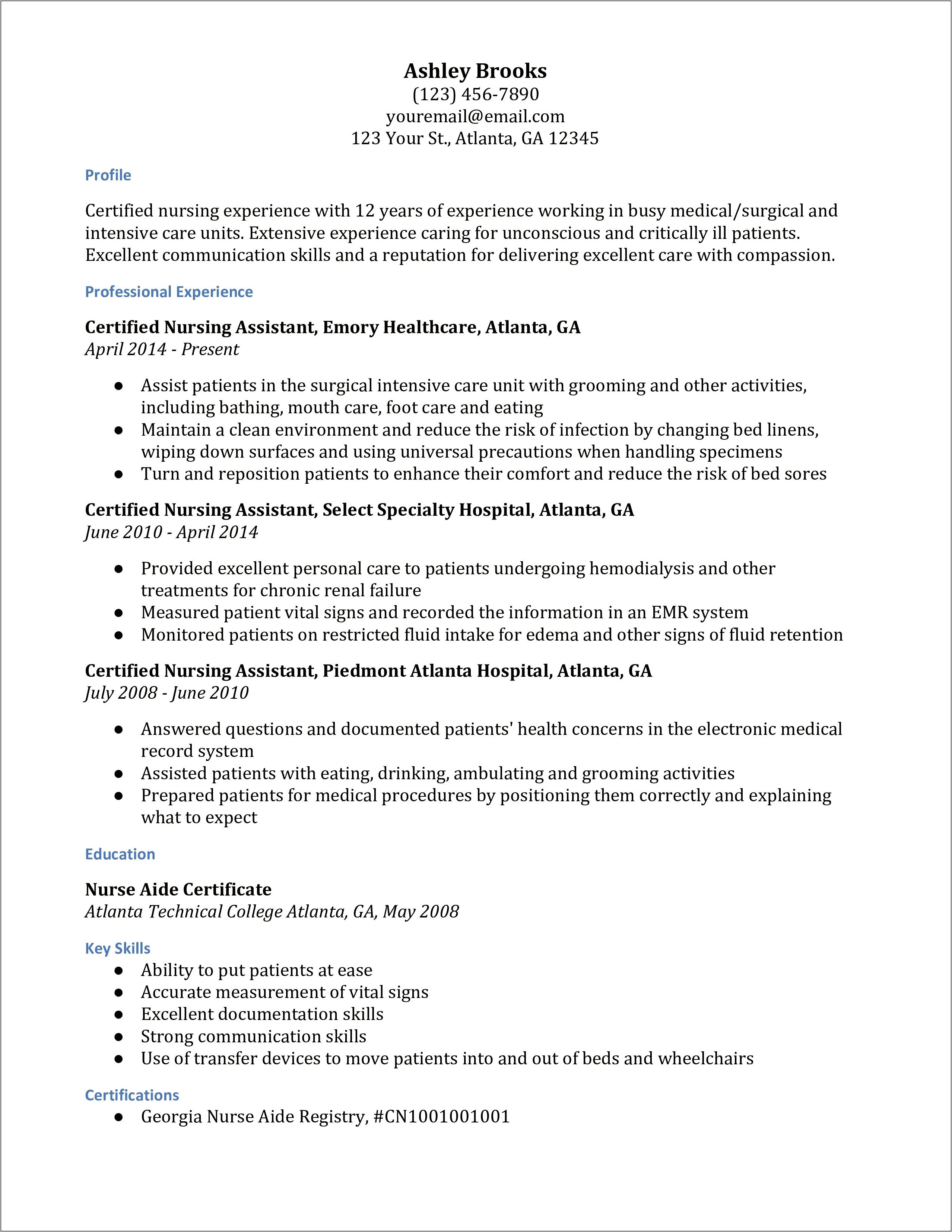 Sample Resume Objectives For Nursing Aide