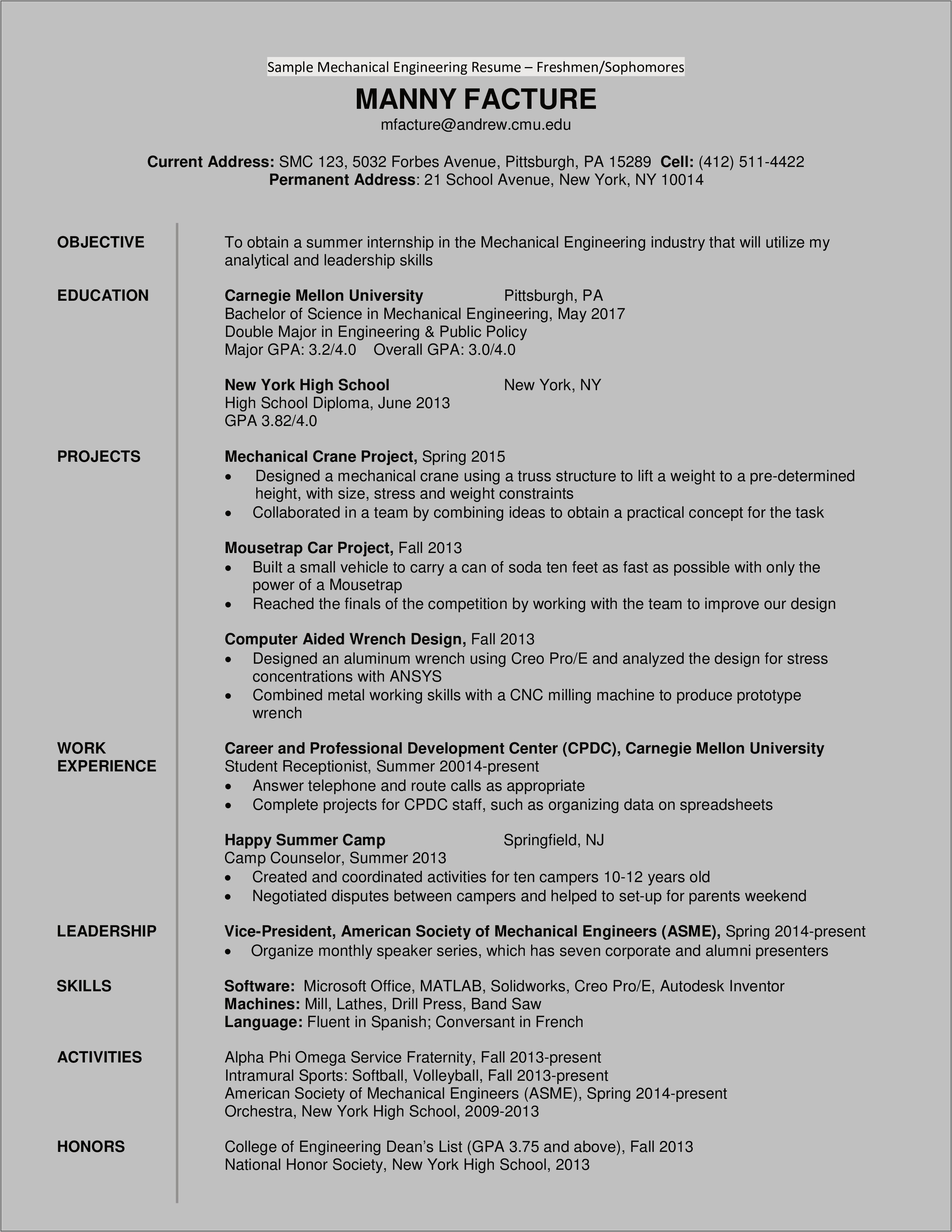 Sample Resume Of Fresher Mechanical Engineer