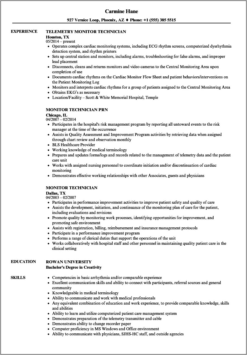 Sample Resume Of Health Technician Ekg