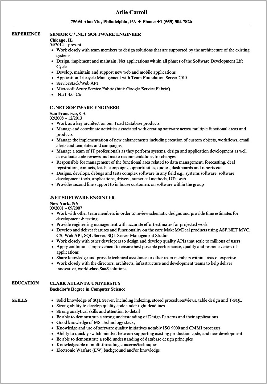 Sample Resume Of Senior Engineer .net