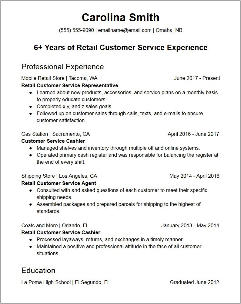 Sample Resume On Retail Customer Service Specialist