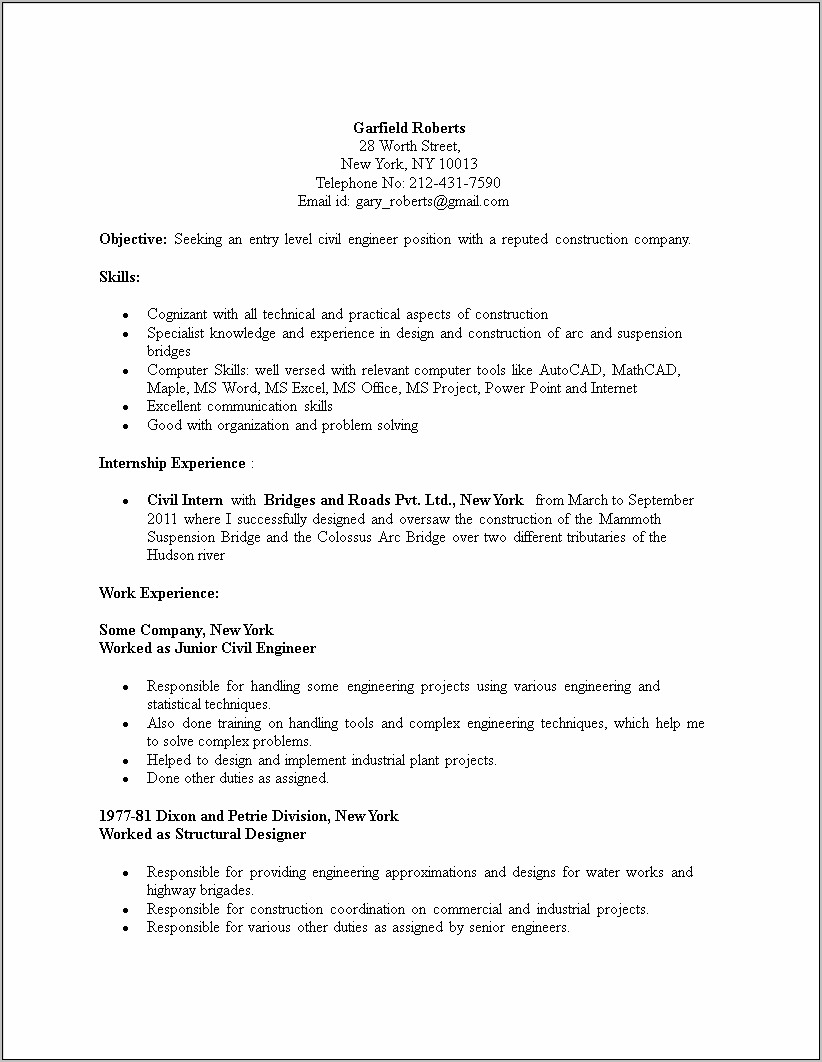 Sample Resume Recent Graduate Civil Engineer