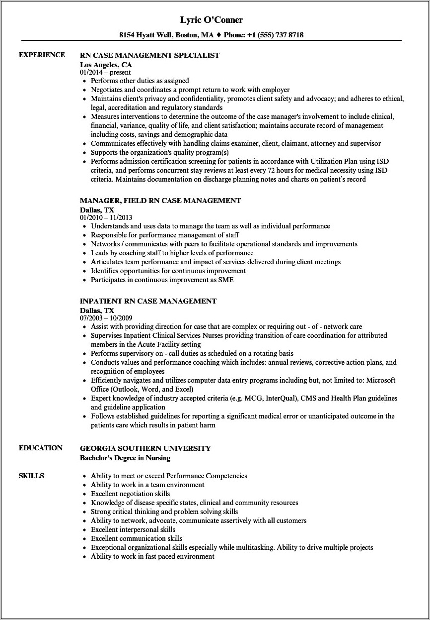 Sample Resume Registered Nurse Case Manager