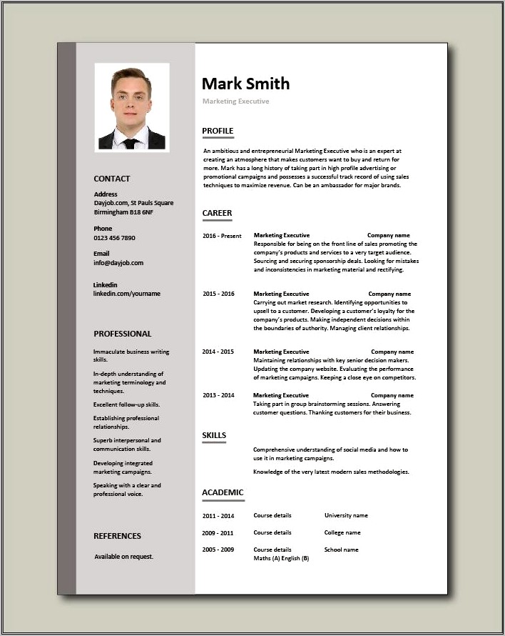 Sample Resume Template For Marketing Professional