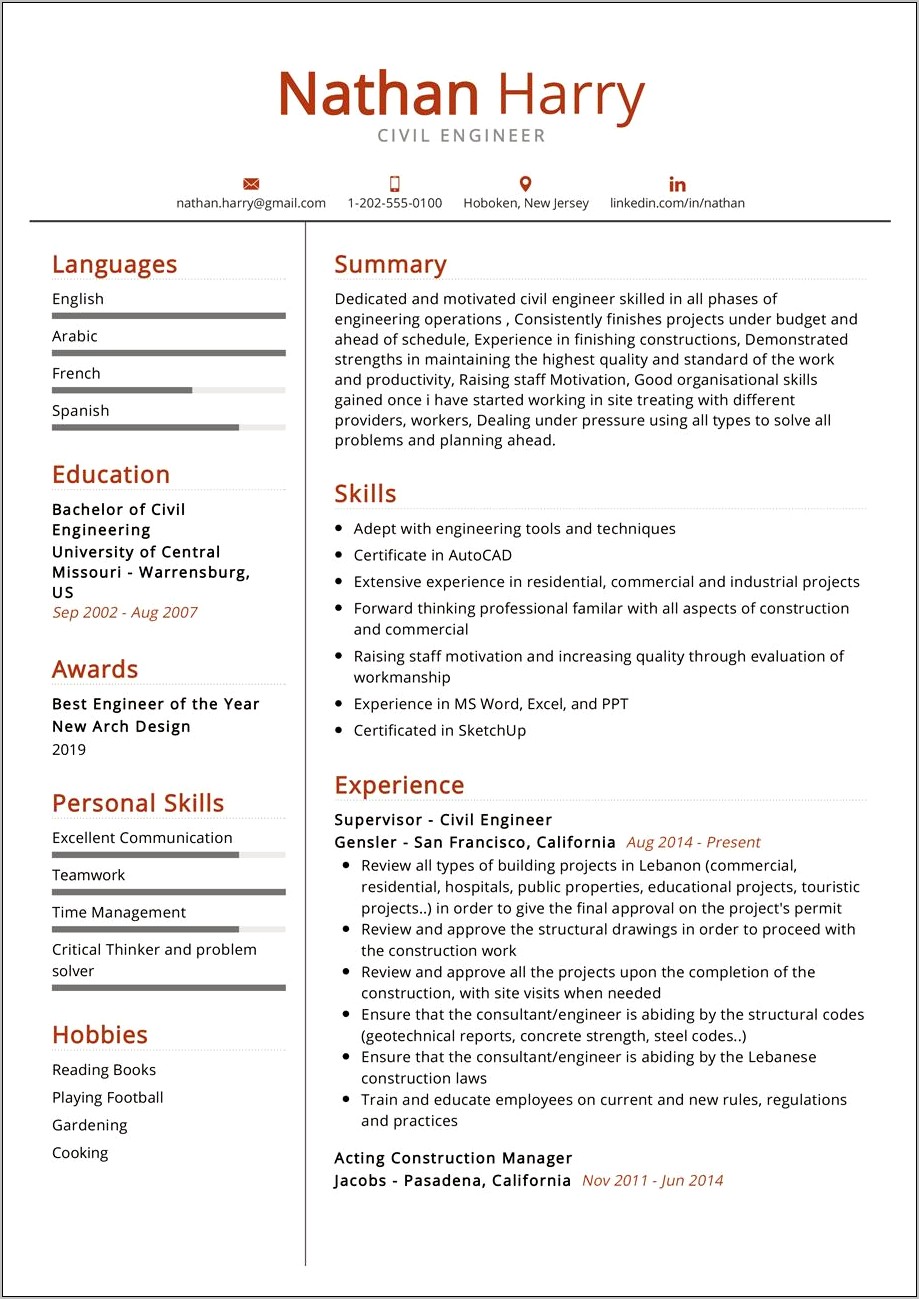 Sample Resume Templates For Engineering Students