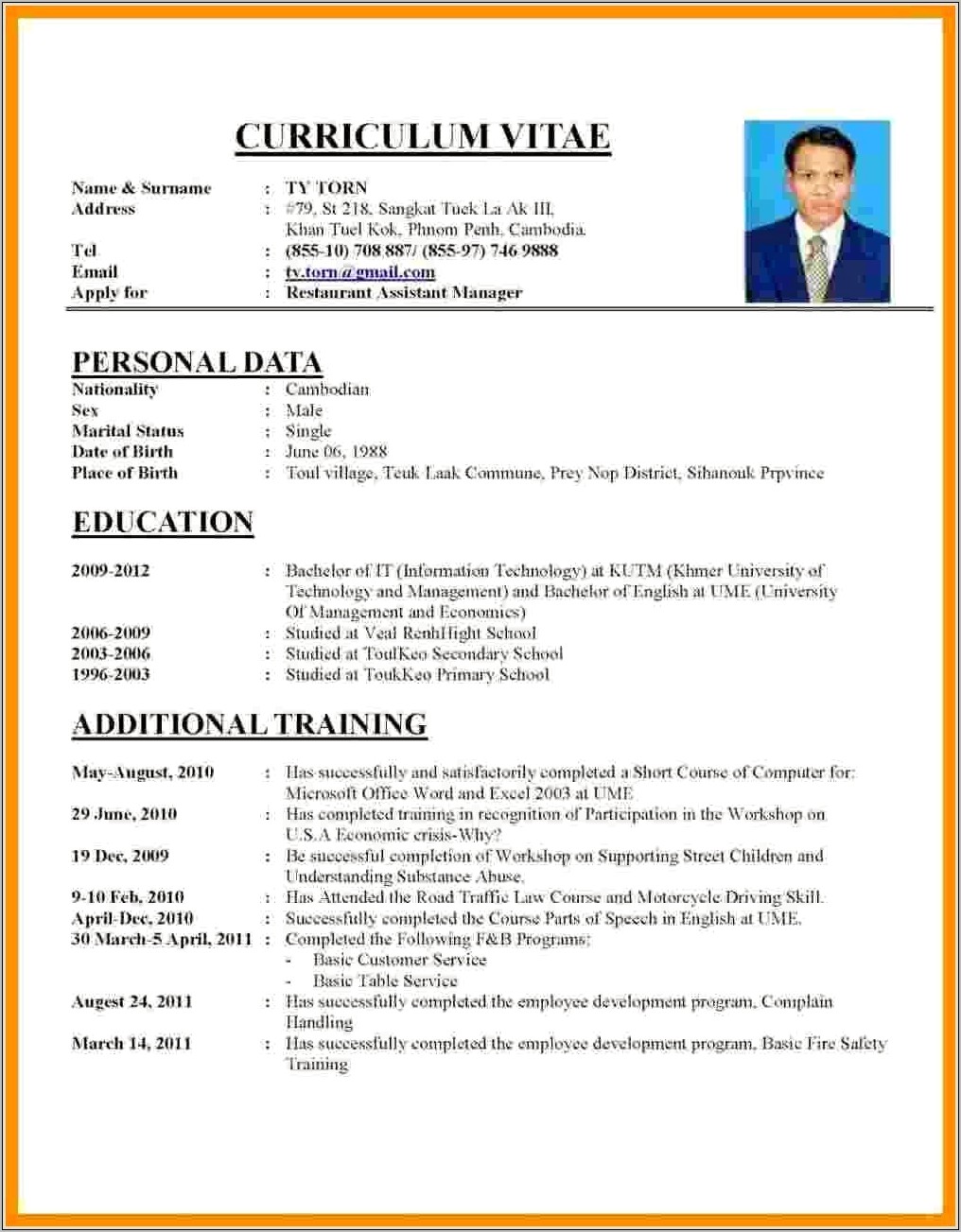 Sample Resume With Application Type Details