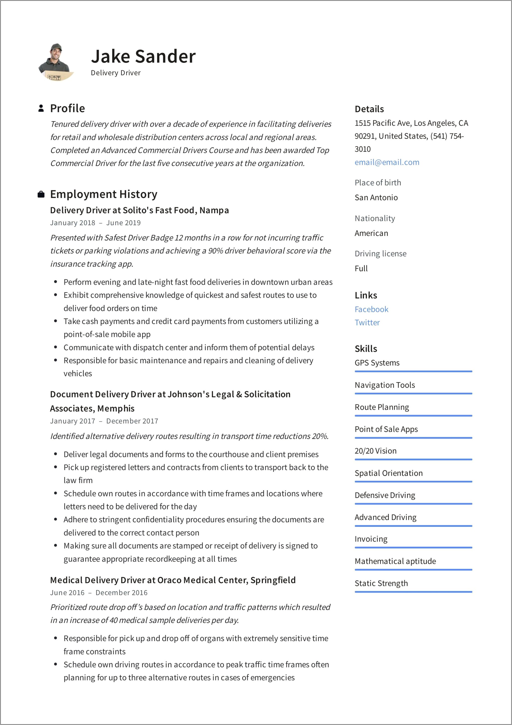 Sample Resumes For Non Cdl Delivery Drivers 2018