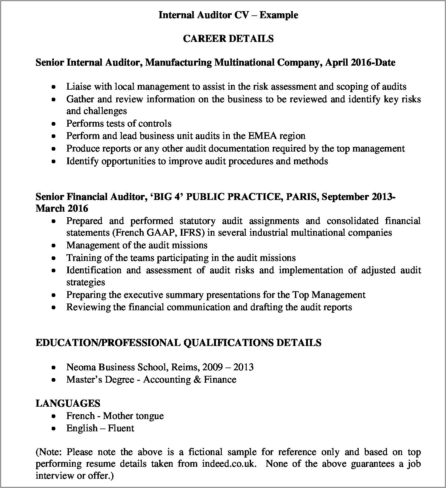 Sample Senior Audit Associate Resume Big4