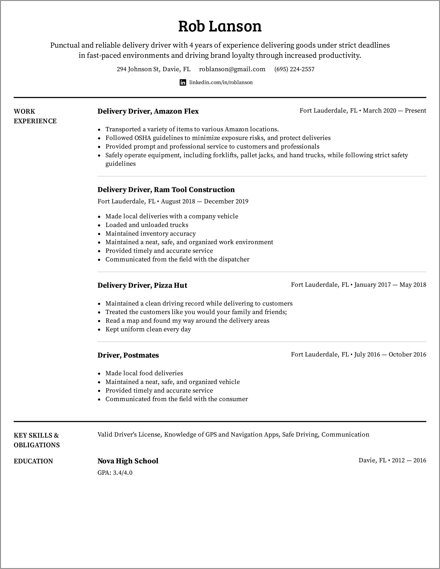 Sample Template Of Truck Driver Resume