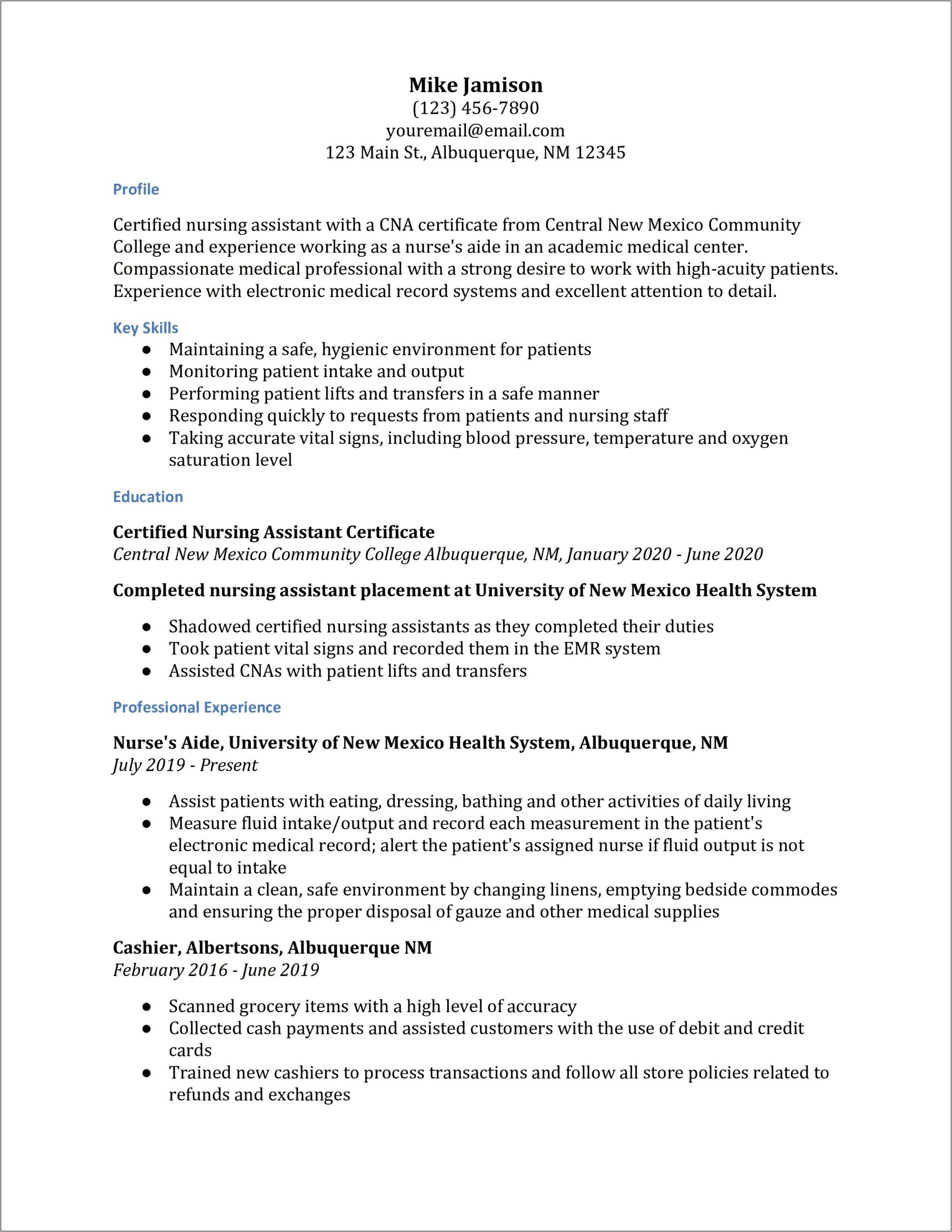 Samples Of Cna Job Description For Resume