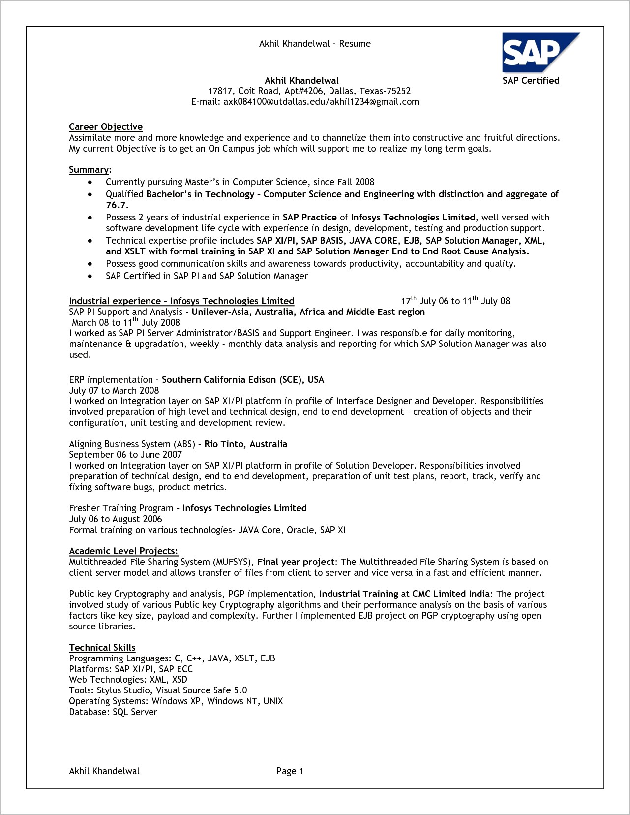 Sap Abap Sample Resume 4 Years Experience