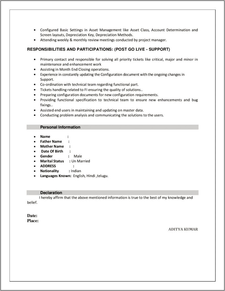 Sap Fico Resume Format 3 Years Experience