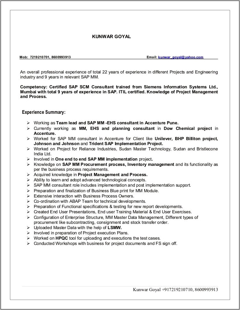 Sap Mm Consultant Resume 3 Years Experience