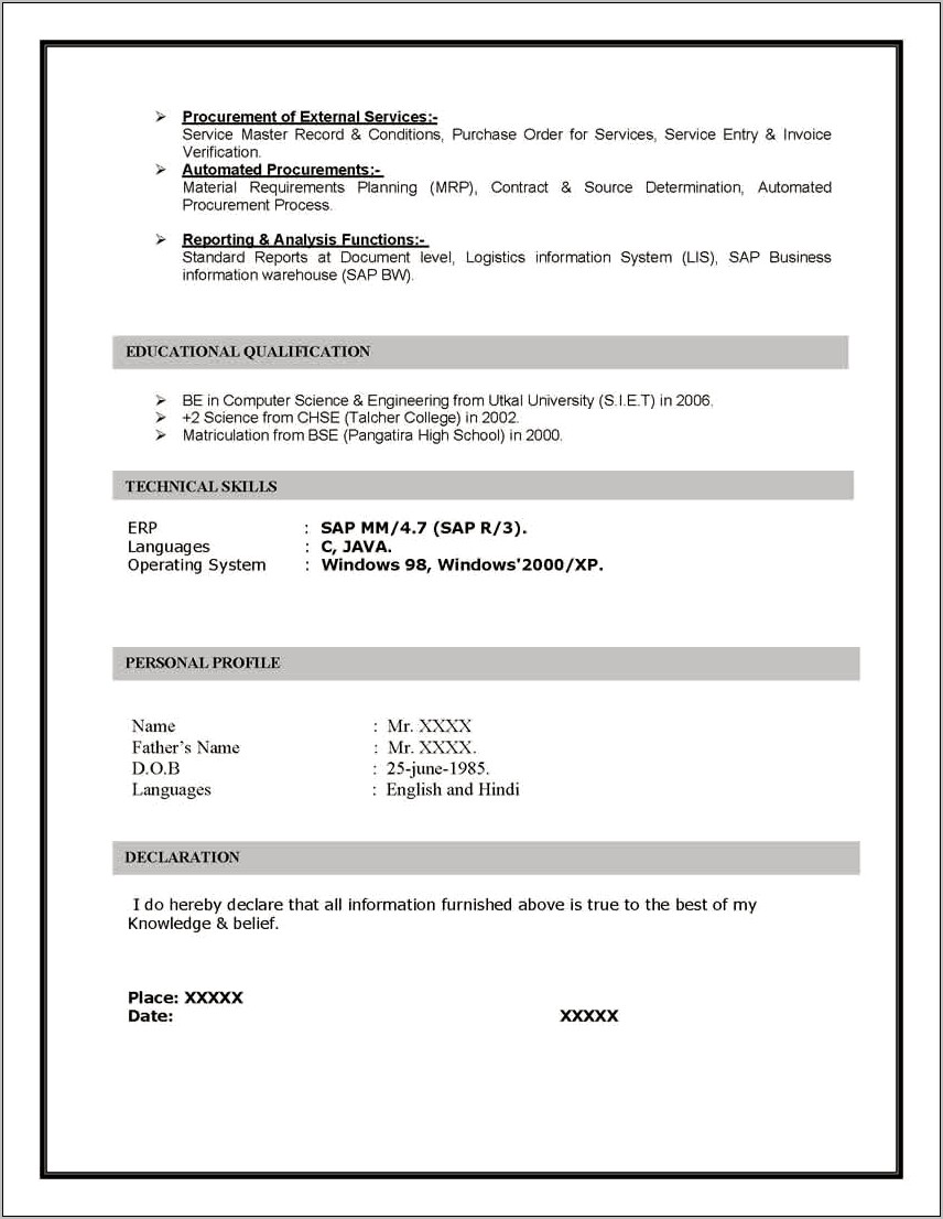 Sap Mm Resume 10 Years Experience