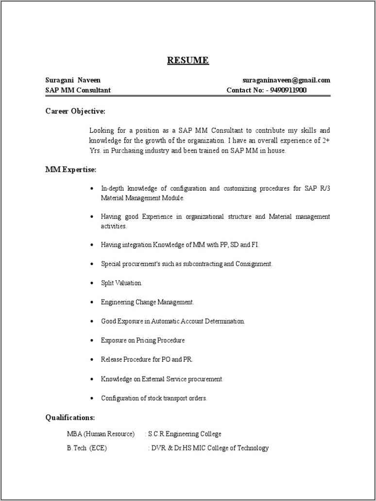 Sap Mm Resume 3 Years Experience Pdf