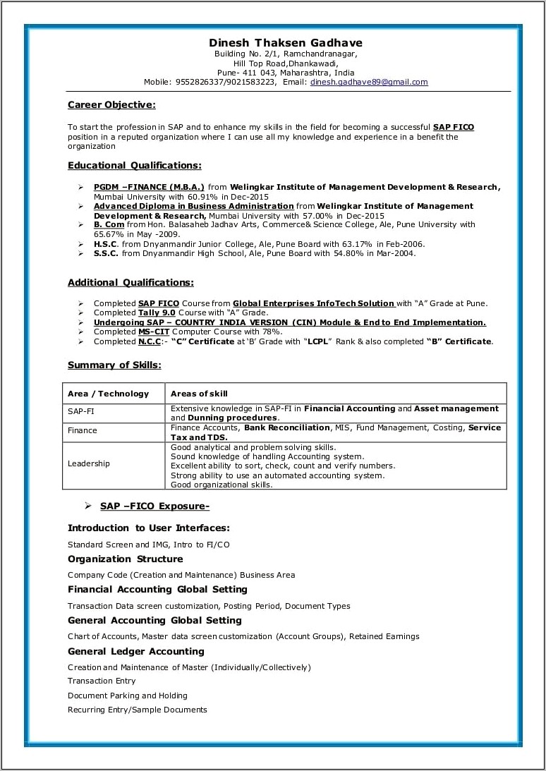 Sap Mm Resume For 2 Years Experience Pdf