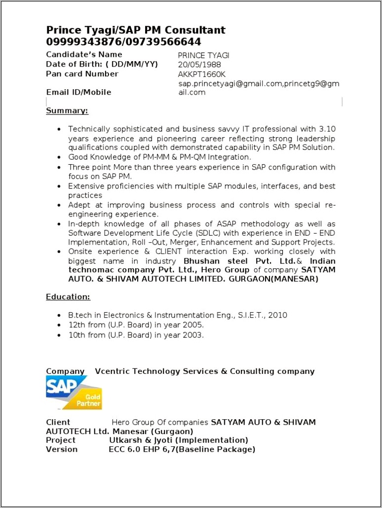 Sap Mm Sample Resume 5 Years Experience