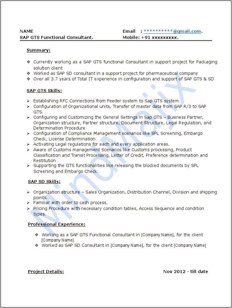 Sap Sd Consultant 2 Years Experience Resume