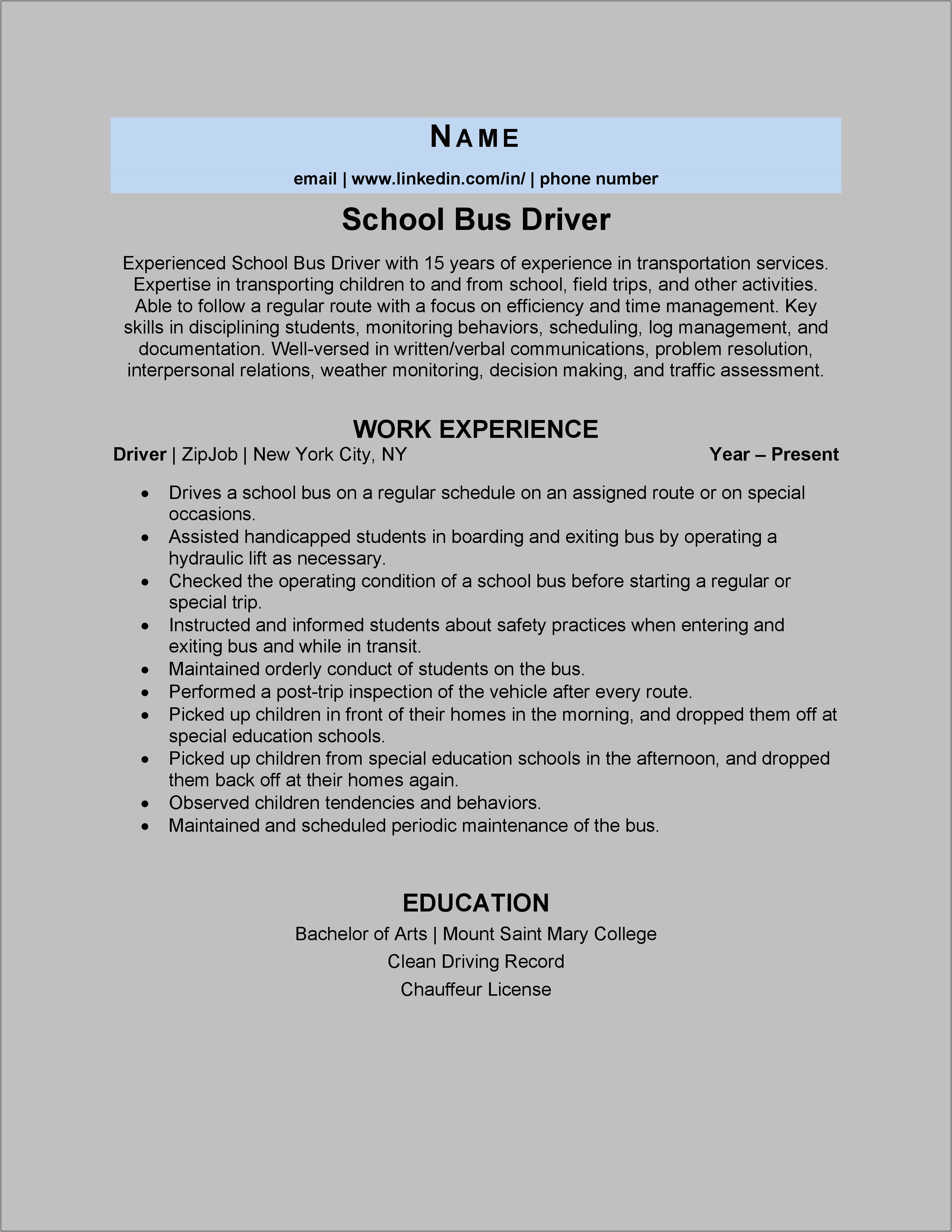 School Bus Driver Duties And Responsibilities Resume