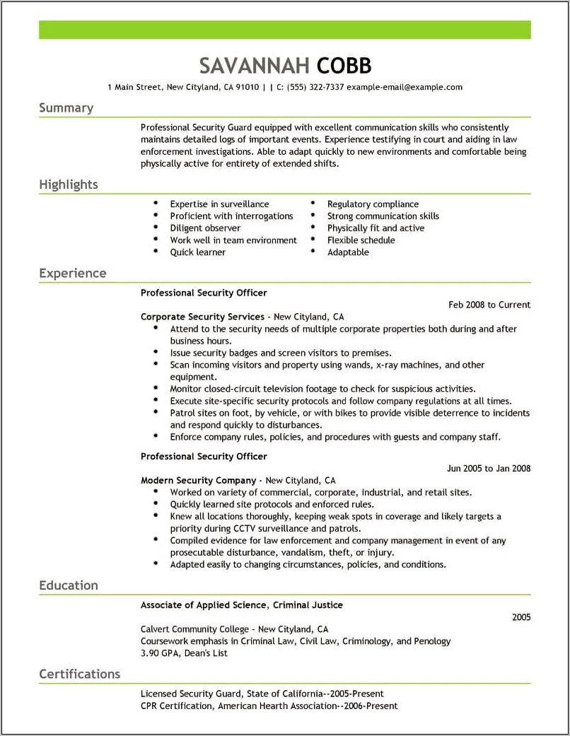 Security Guard Resume Examples And Samples