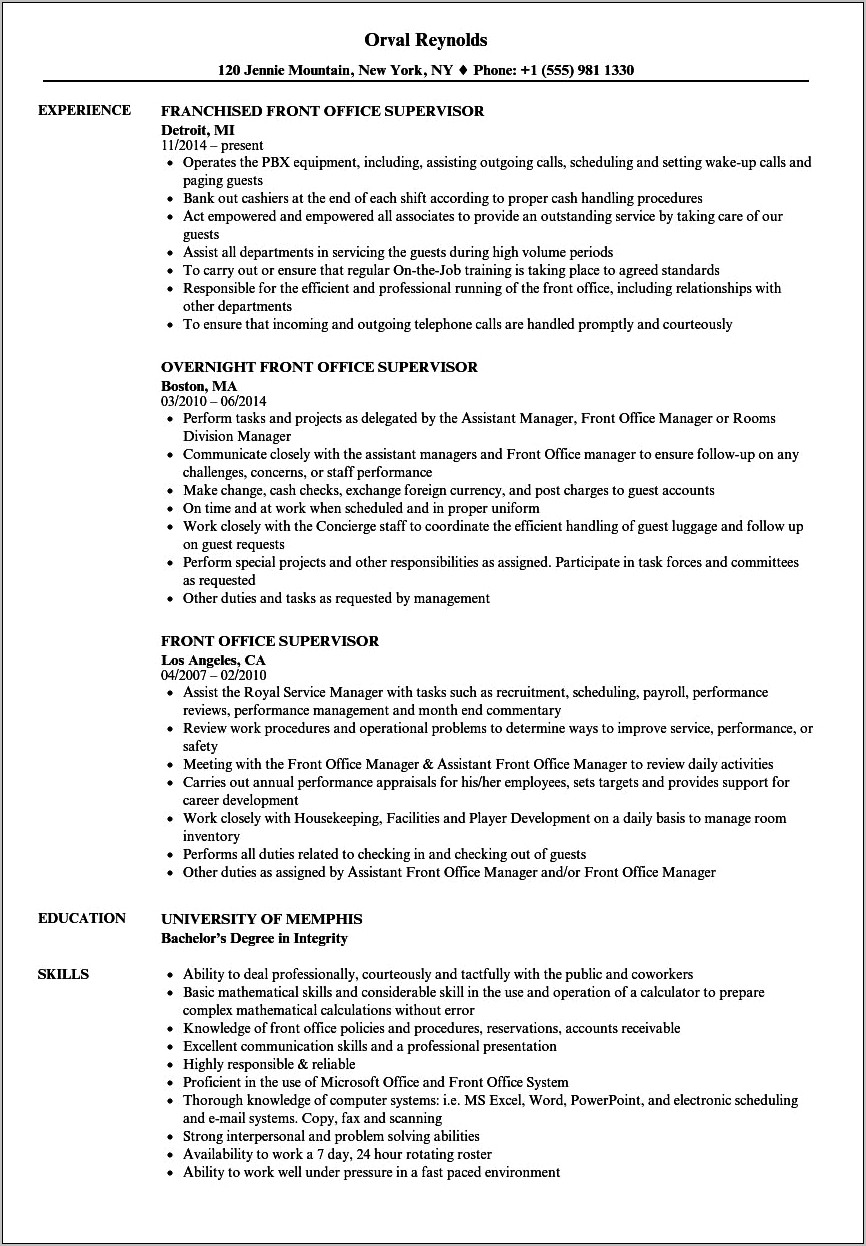 Senior Hotel Front Office Manager Resume