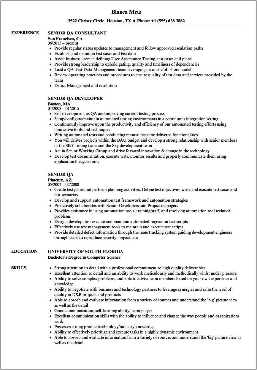 Senior Test Engineer Resume Sample