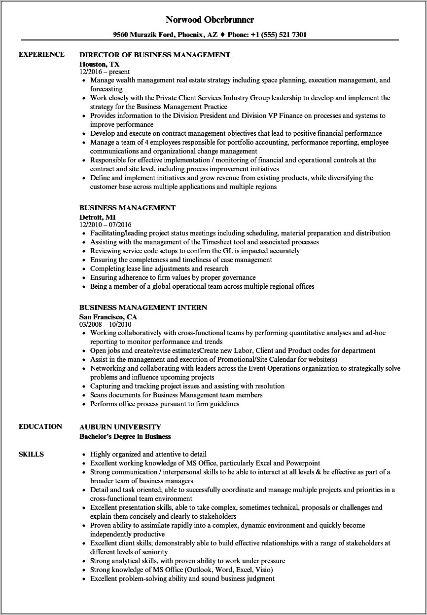 Sentence For Resume About Management Experience