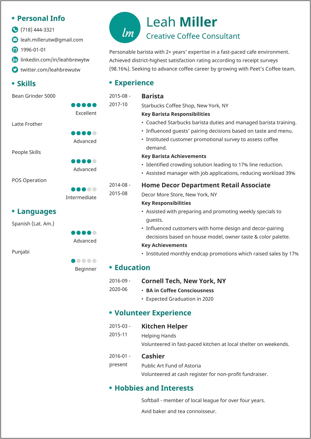 Shift Supervisor Starbucks Job Description Resume