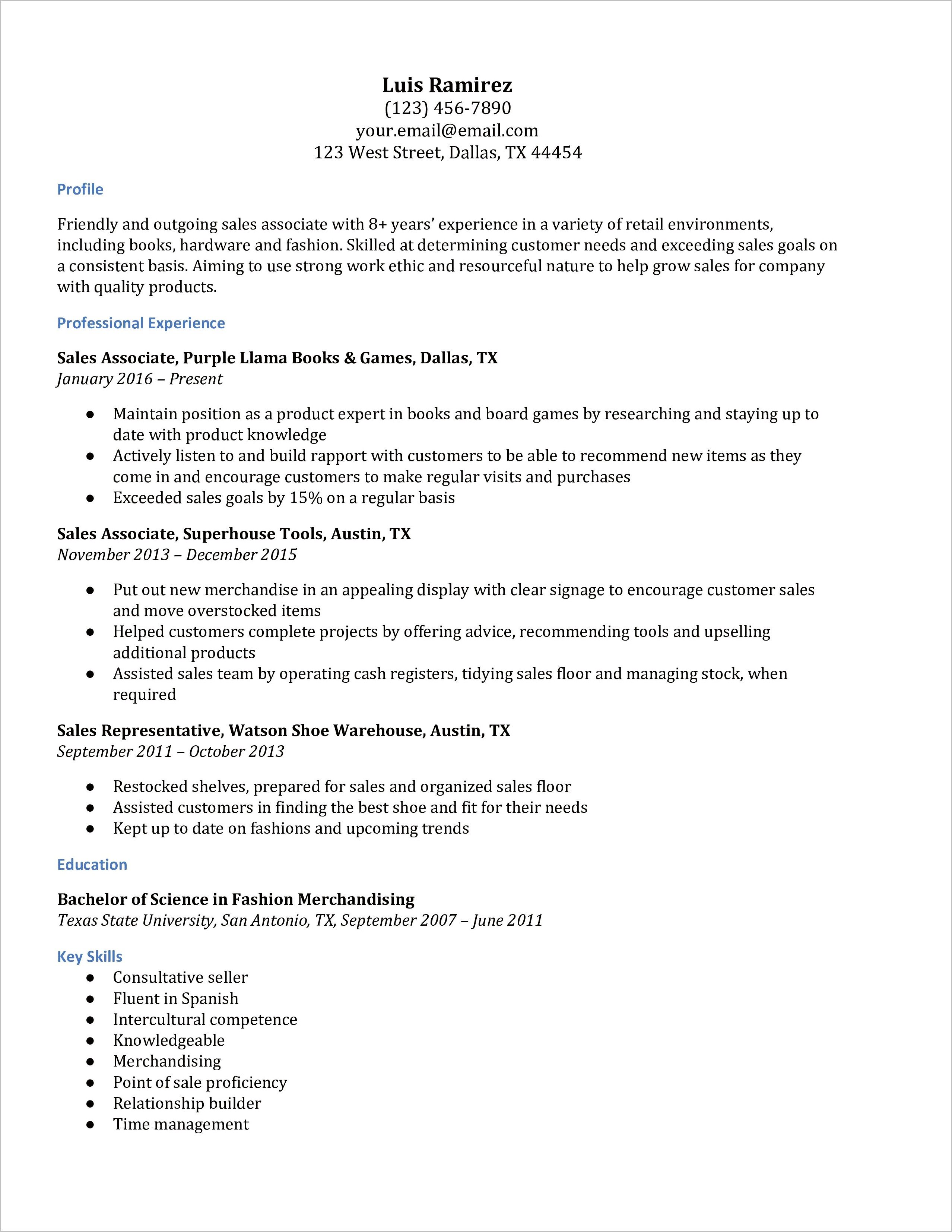 Shoe Store Sales Associate Resume Example - Resume Example Gallery