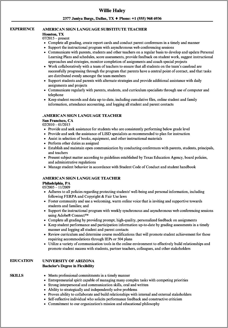 Skills And Abilities In Teaching Resume