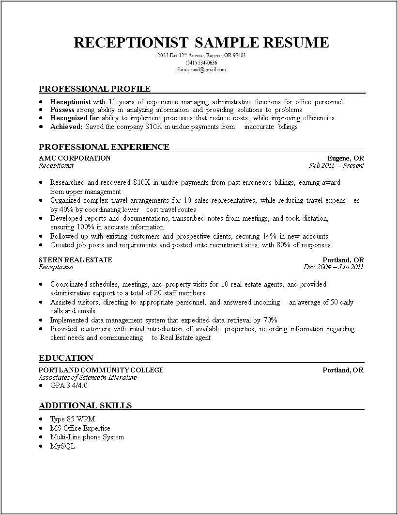 Skills And Abilities On A Resume For Receptionist